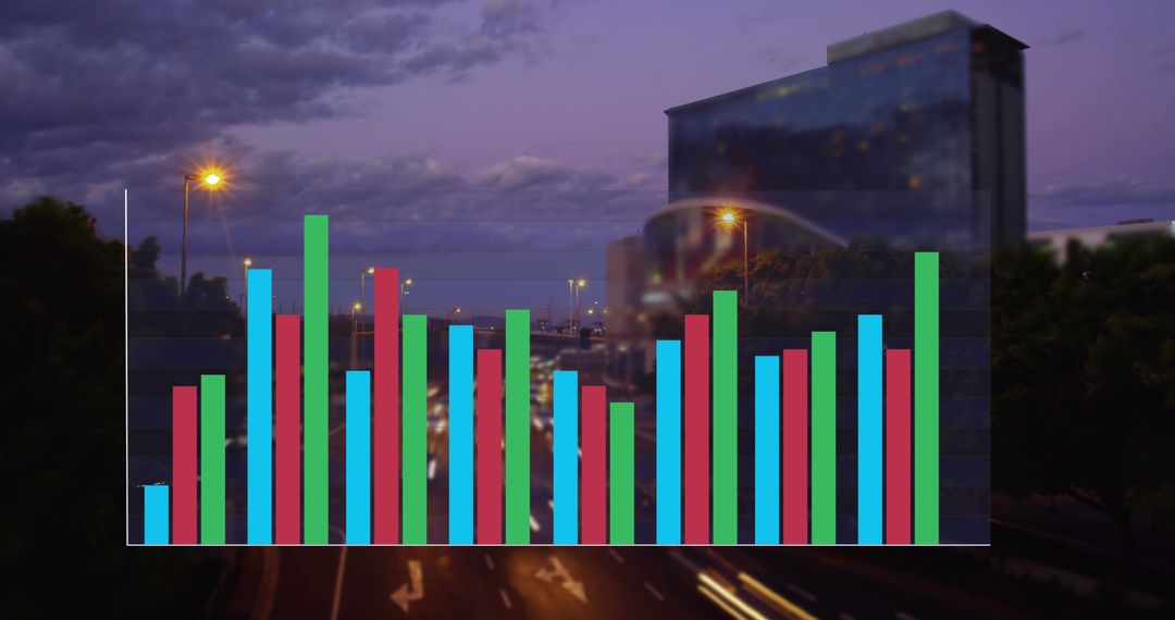 Digital Data Visualization Next to Urban Cityscape at Dusk