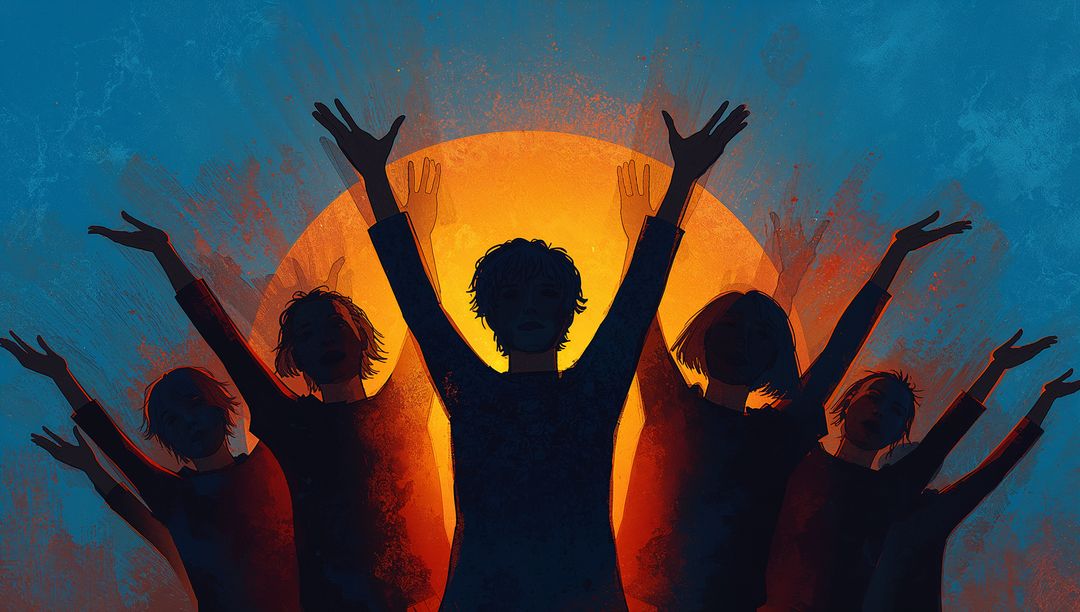 Silhouetted Group Raising Arms Before Radiant Sun Backdrop for Unity Performance Scene