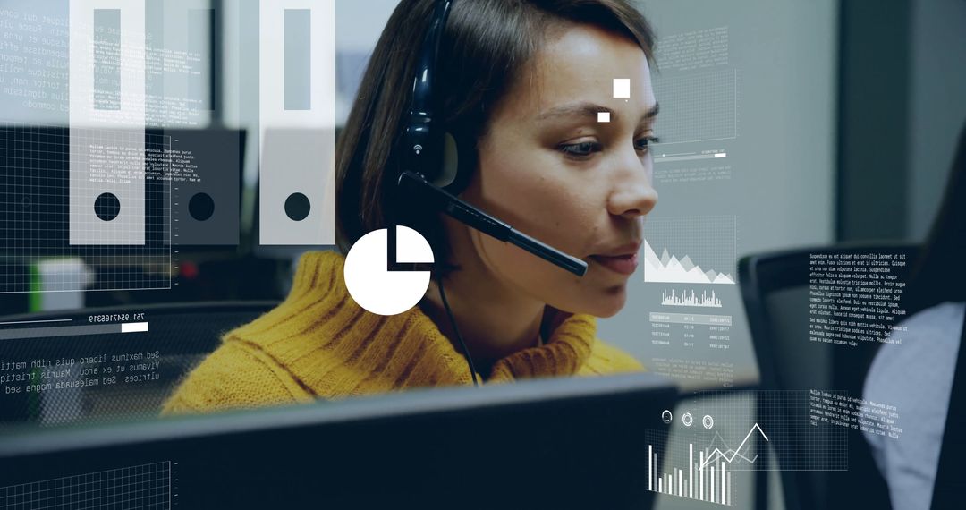 Call Center Professional Analyzing Digital Data with Headset in Office
