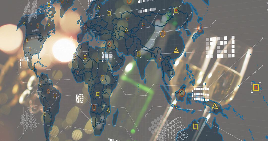 Global digital network overlay with world map, hex grid nodes and data link visualization