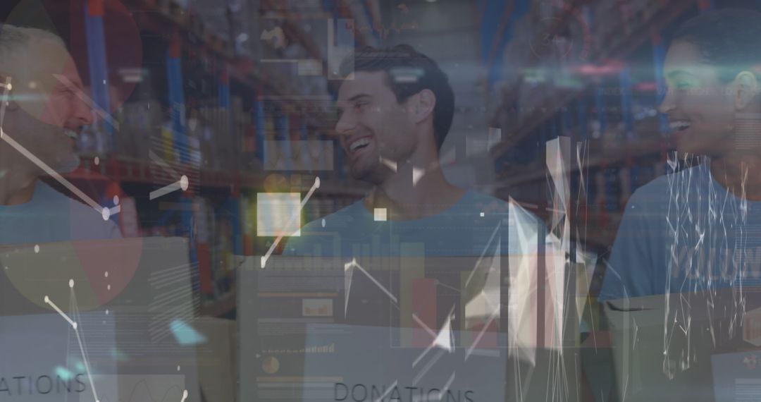 Digital Interface Overlay on Diverse Warehouse Team Collaborating