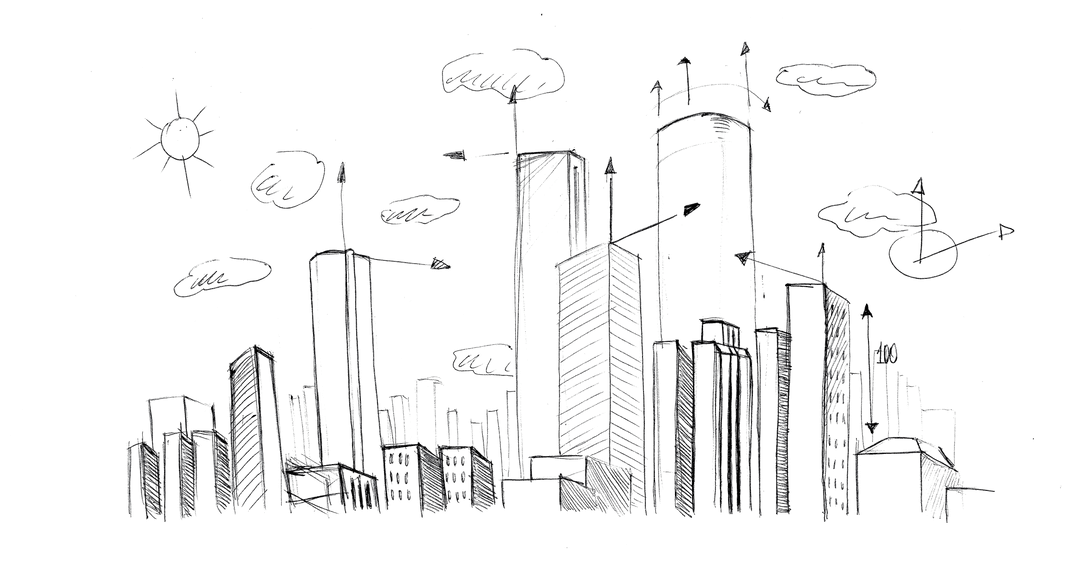 Detailed Transparent Cityscape Sketch with Skyscrapers and Stars