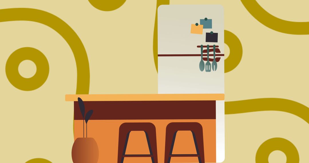 Modern Kitchen Illustration with Utensils and Stools