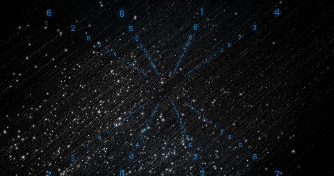 Radial Data Network Converging on Central Node with Blue Numerals and Digital Starfield