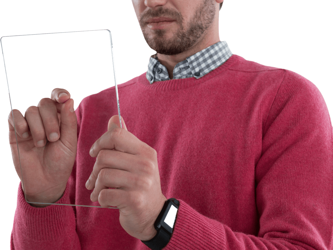 Man Interacting with Transparent Glass Tablet in Red Sweater
