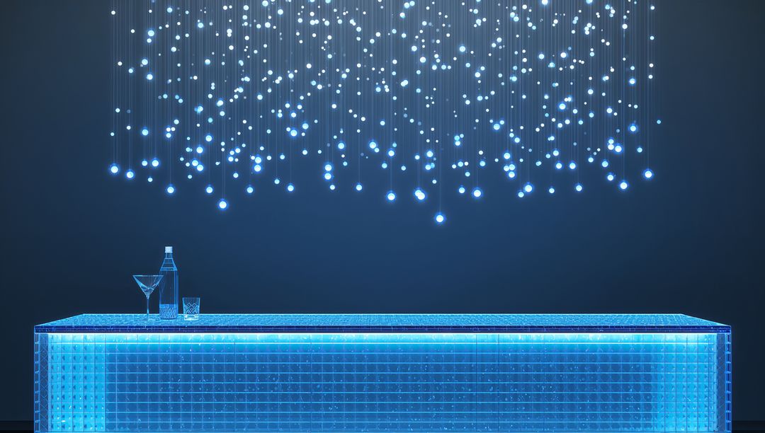 Futuristic Neon Bar Counter Casting Blue LED Glow with Hanging Light Curtain and Glassware