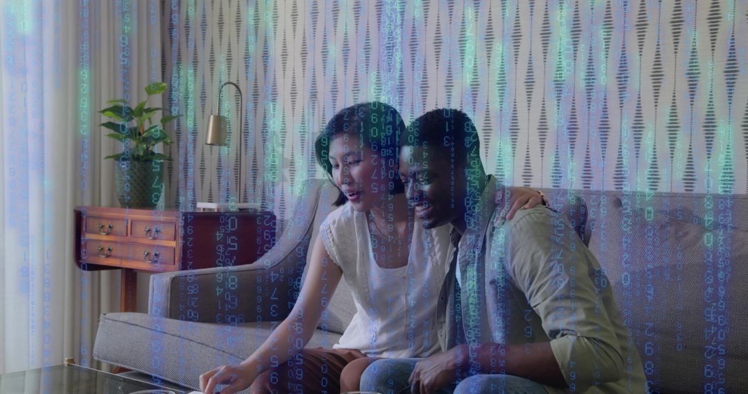 Couple on Sofa Reaching Tablet with Holographic Code Overlay for Smart Home Cybersecurity