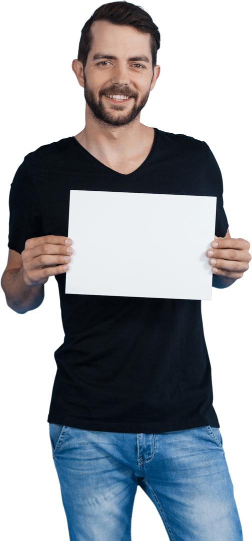 Smiling Man Holding Blank Placard Against Transparent Background