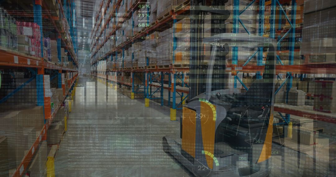 Warehouse Aisle with Forklift and Stacked Inventory