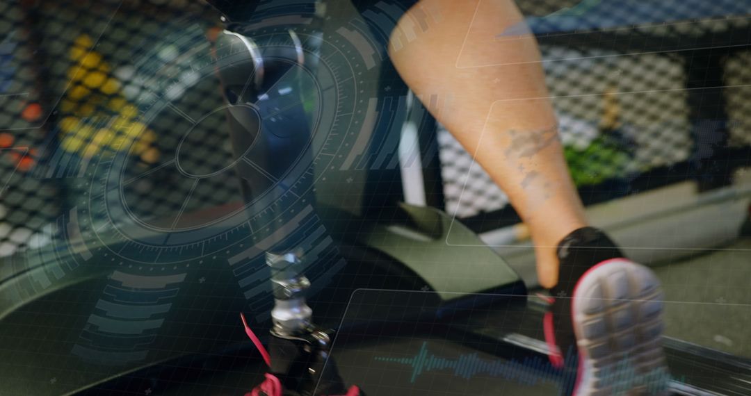 Prosthetic Leg Woman on Treadmill With Data Overlay Technique