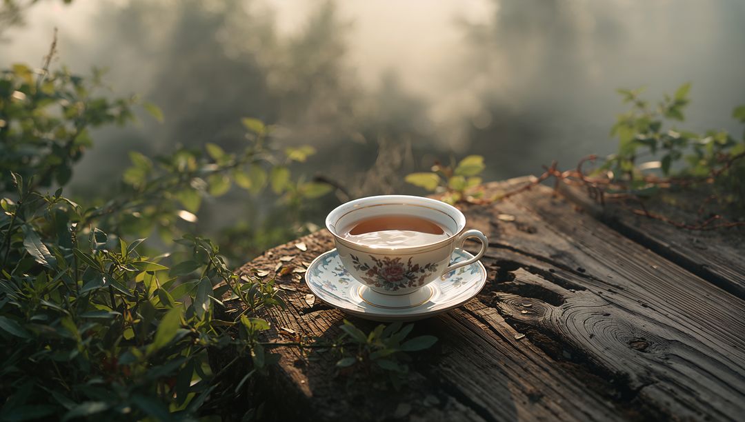 Steaming vintage porcelain teacup resting on weathered wood with garden vines and soft light