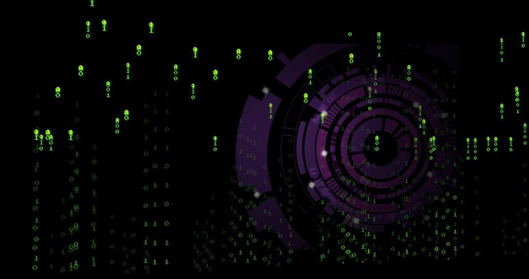 Rotating Purple Holographic HUD with Binary Rain and Circular Data Rings in Cyber Grid