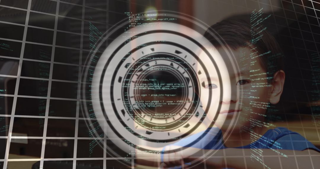 Boy Engaging with Virtual Data Interface in Educational Setting