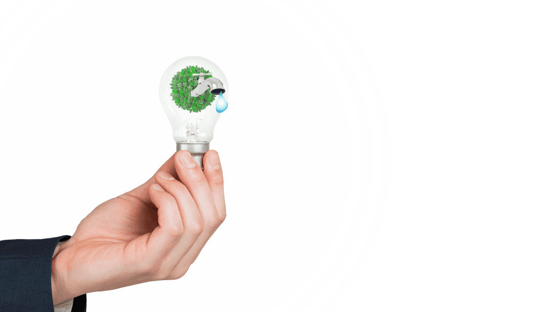 Hand Holding Light Bulb with Water Conservation Symbol on Transparent Background