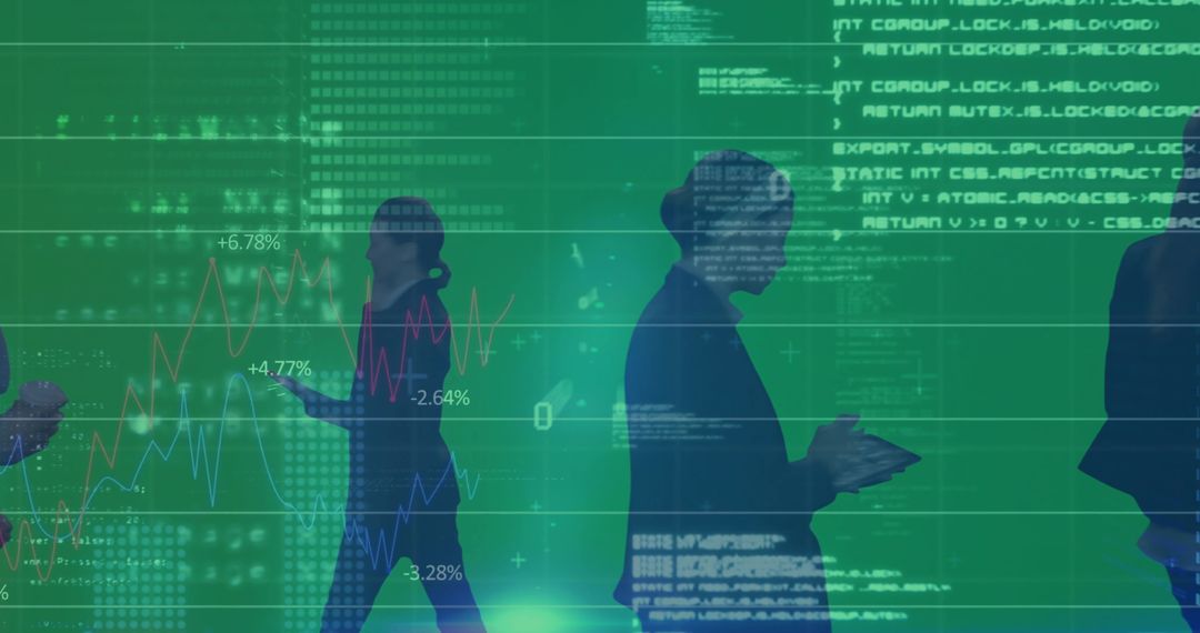 Silhouetted executives walking through data overlay with financial charts and analytics