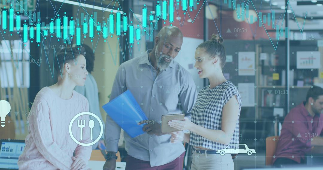 Diverse Team Collaborates on Data Analysis with Digital Interface