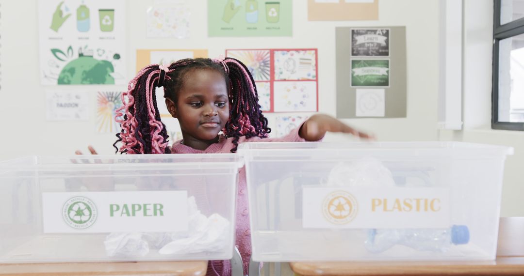 Child Sorting Recyclables in Classroom Promoting Sustainability