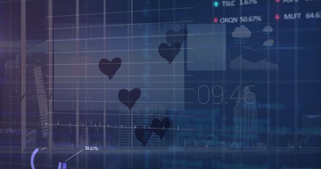 Digital Hearts Floating Over Futuristic Finance World