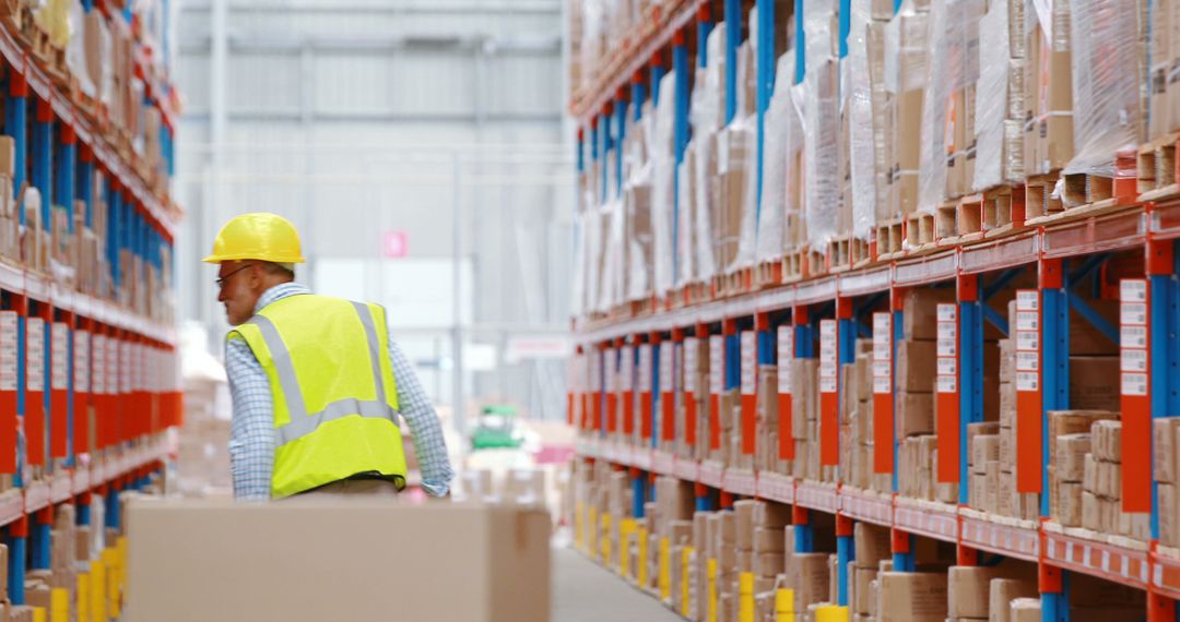 Warehouse Worker in Safety Vest Walking Through Large Storage Facility - Free Images, Stock Photos and Pictures on Pikwizard.com