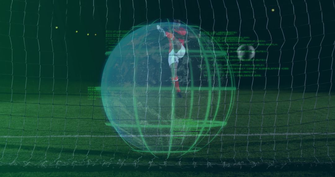 Goalkeeper Diving in Futuristic Soccer Shot with Digital Overlay