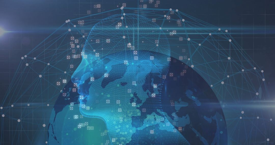 Futuristic Wireframe Head with Digital Earth Connectivity