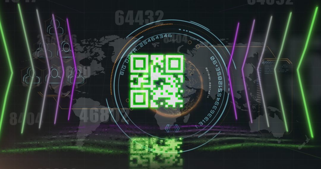 Qr code on digital interface with neon shapes and grid