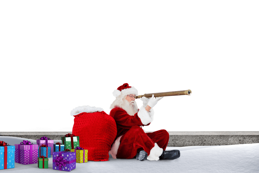 Joyful Santa Claus Using Telescope on Transparent Background