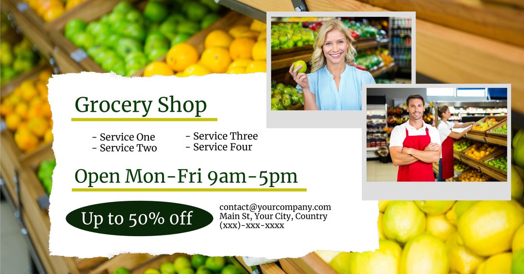 Friendly Grocery Shop Staff with Fresh Produce and Discount Offers - Download Free Stock Templates Pikwizard.com