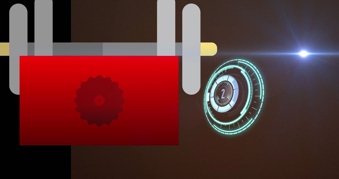 Futuristic Interface with Holographic Gear and Red Banner
