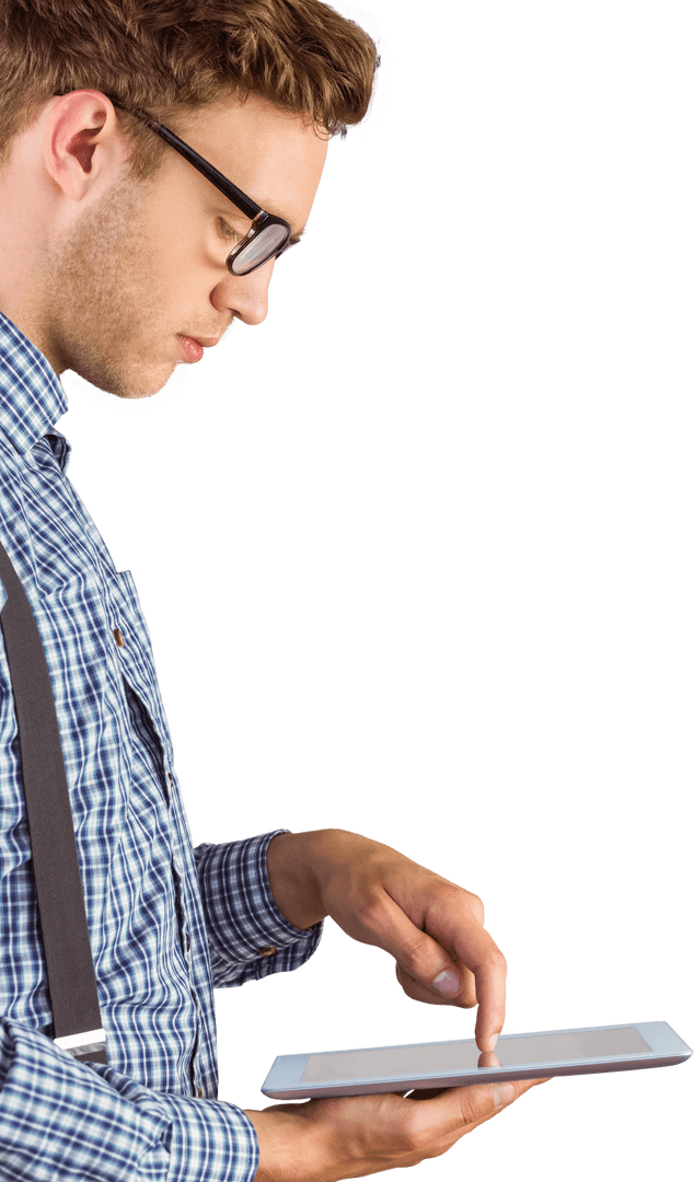 Transparent Tech-Savvy Man Using Digital Tablet