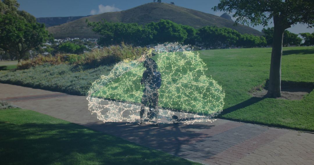 Digital Networking Cloud Concept Over Woman With Scooter in Park