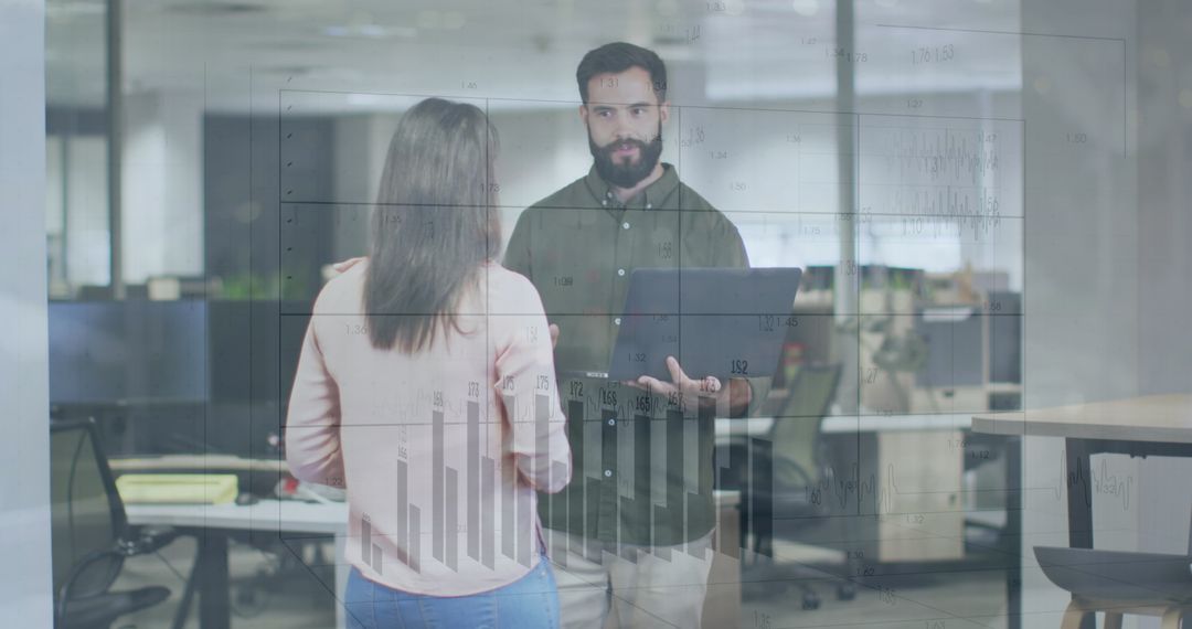 Diverse Coworkers Discussing Reports with Digital Graph Overlay