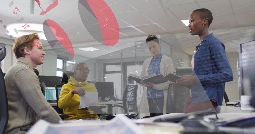 Diverse Coworkers Analyzing Sales Data with Digital Graphs in Office