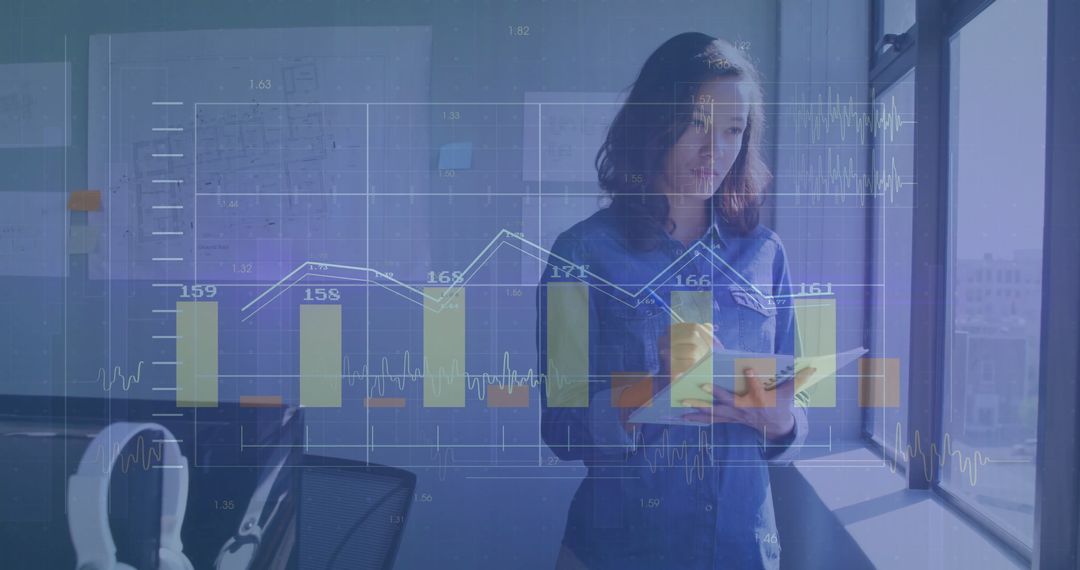 Businesswoman Analyzing Data with Digital Bar Chart Interface