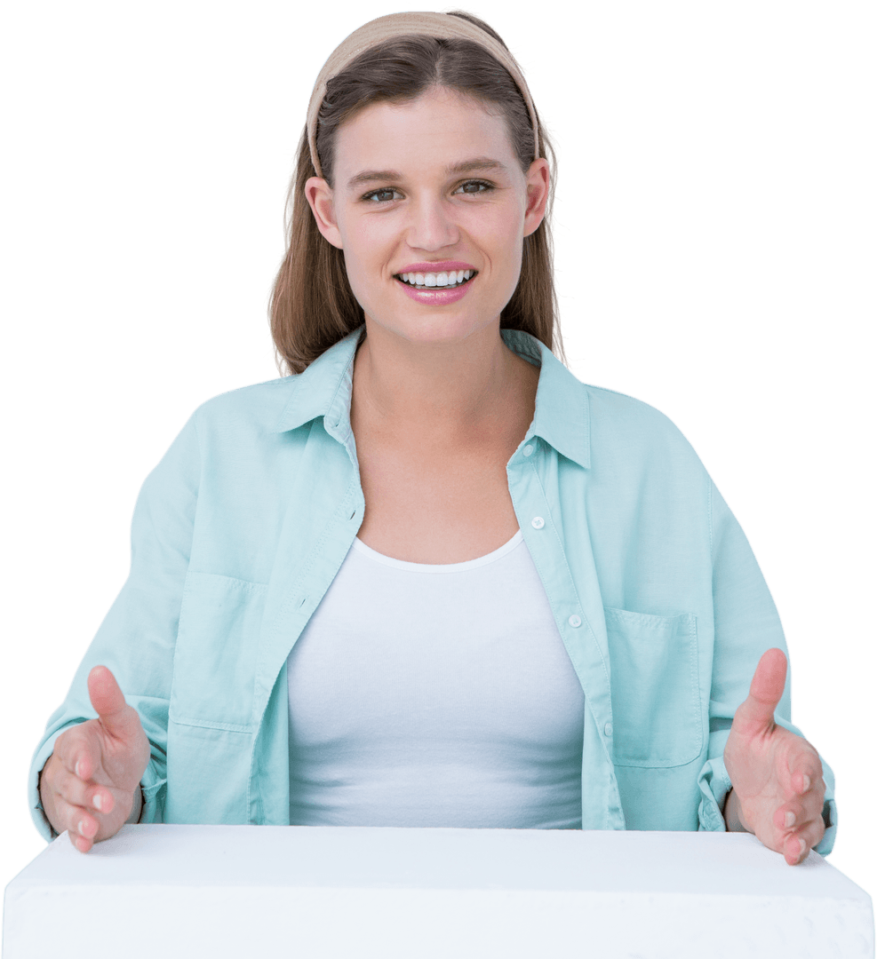 Transparent Happy Woman Gesturing Over Invisible Surface