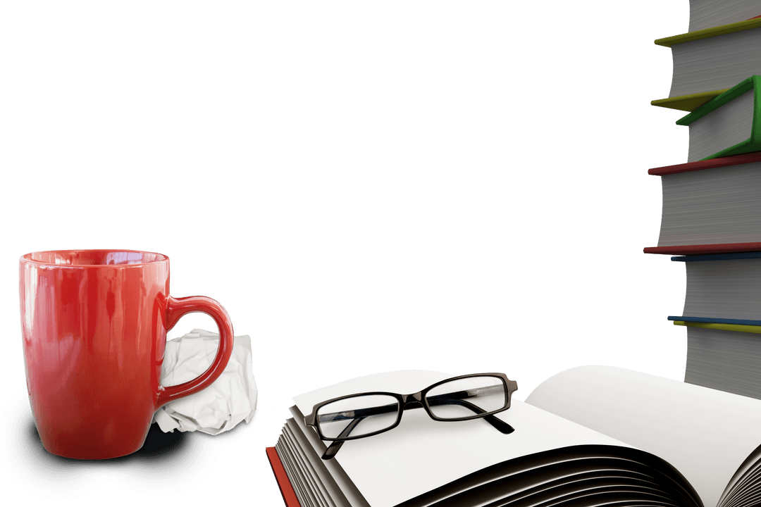 Transparent Workspace with Book, Glasses, and Red Mug