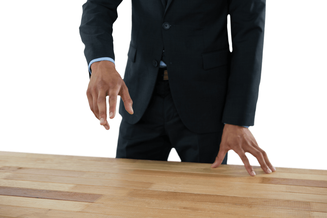 Transparent Businessman Gesturing at Wooden Table Mid-Section