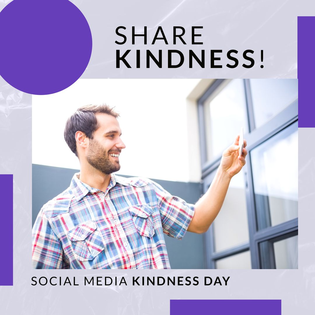 Caucasian Man Smiling with Smartphone for Social Media Kindness Day