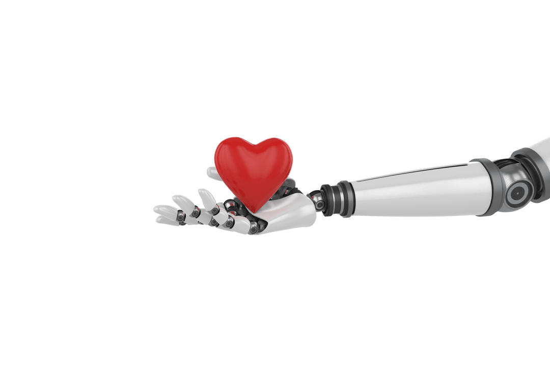 Transparent Robot Hand Holding Red Heart Symbol of AI and Emotion