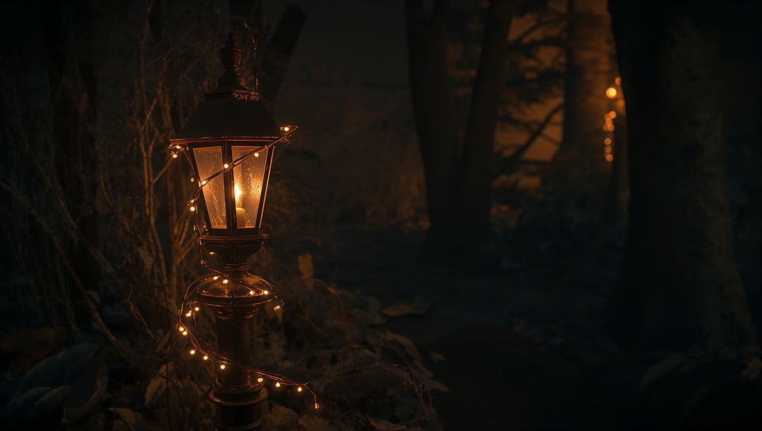 Vintage Lamp Post with Candle and Fairy Lights Casting Amber Glow on Garden Path at Night