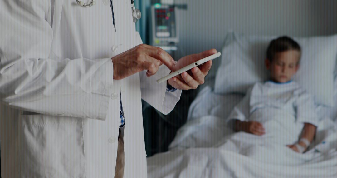 Asian doctor using tablet monitoring hospitalized child in bed, clinical care technology