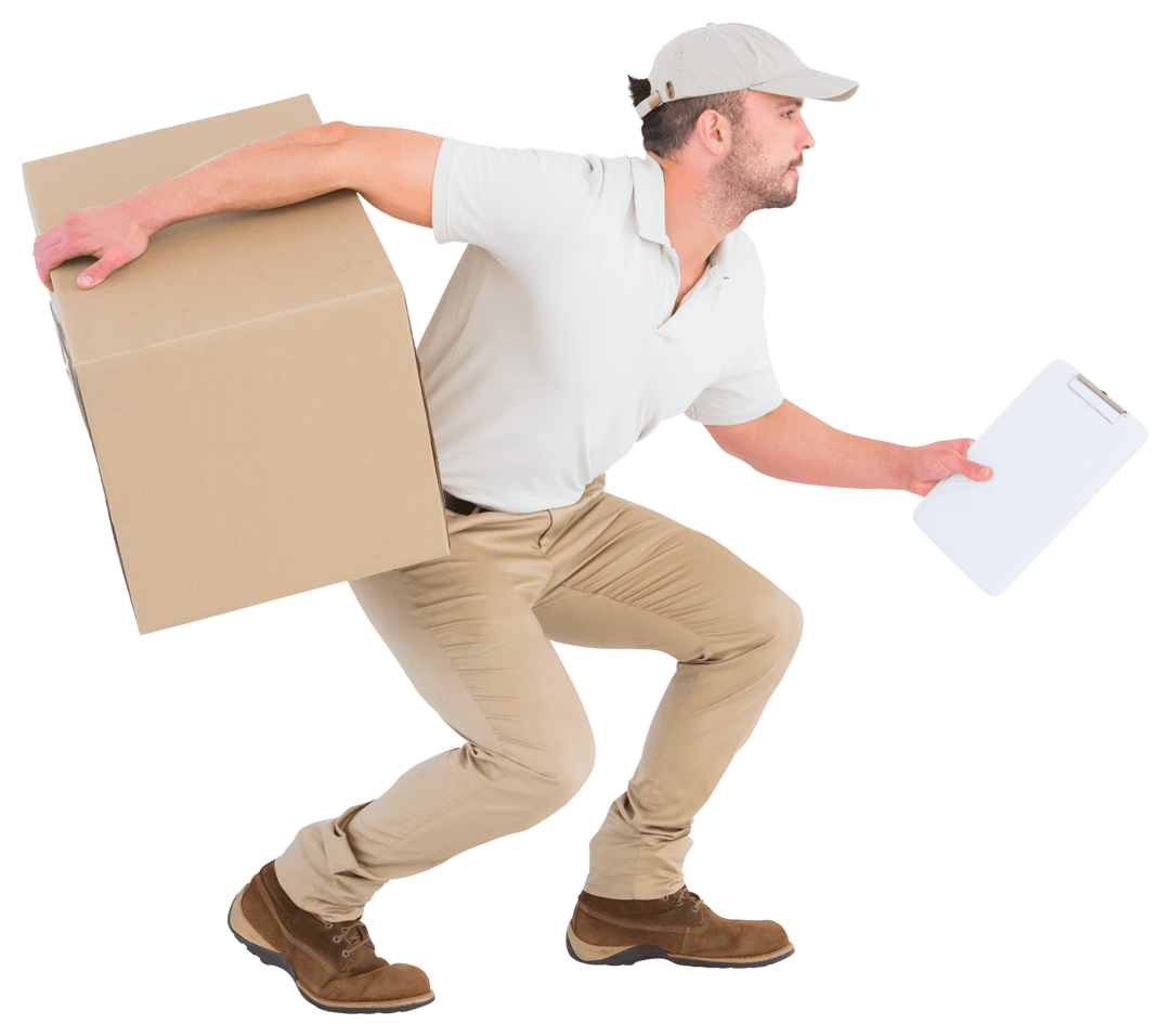 Delivery Worker Transparent with Cardboard Box and Clipboard