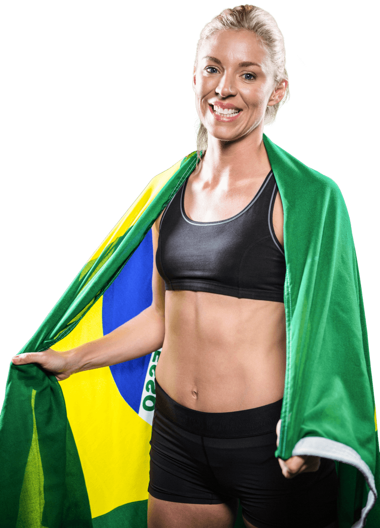 Smiling Female Athlete with Transparent Brazilian Flag