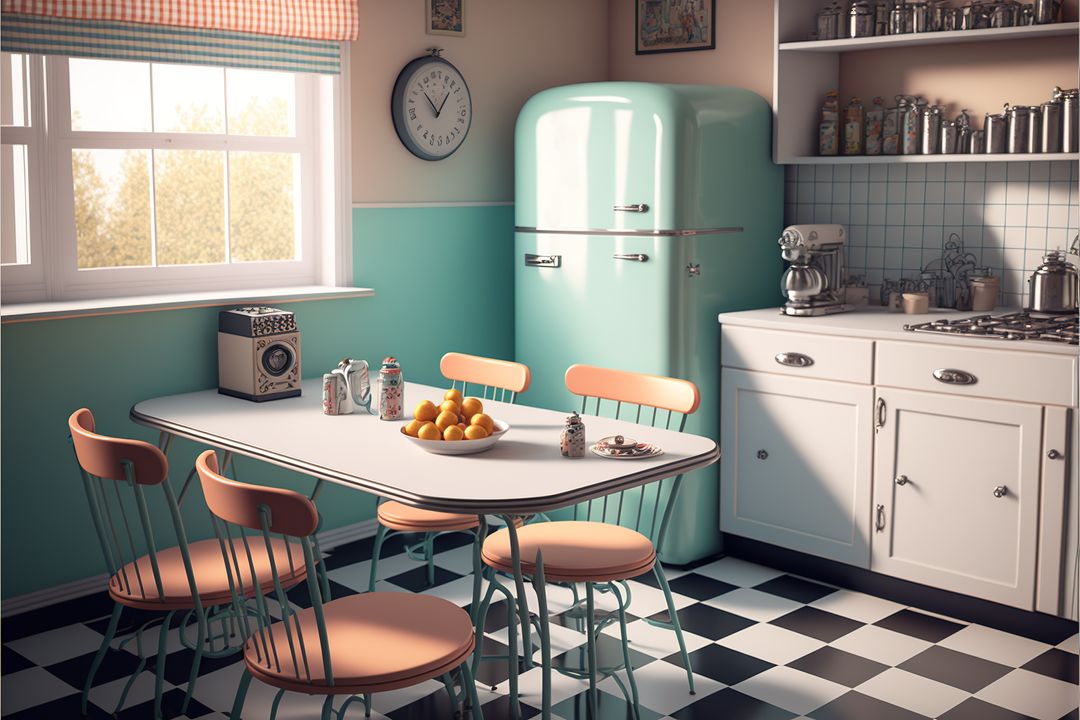 Image of retro kitchen and dining table interiors, created using generative ai technology - Free Images, Stock Photos and Pictures on Pikwizard.com