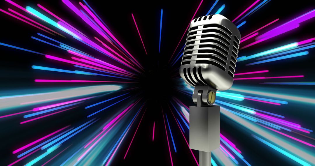 Retro Microphone with Neon Light Streaks Background