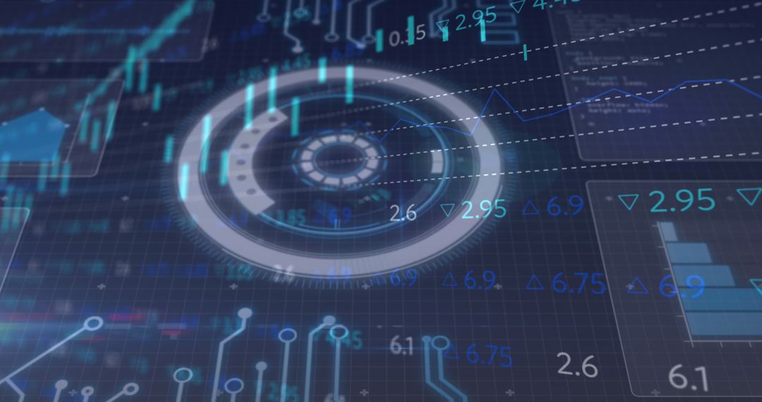 Futuristic digital interface with complex data charts and graphics