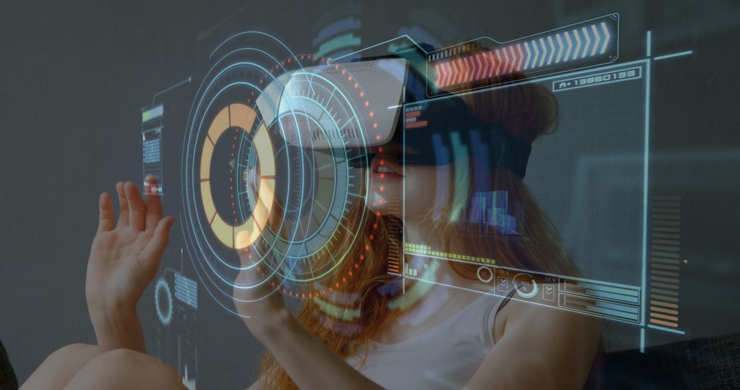 Woman Immersed in Virtual World with Advanced VR Headset and Interface