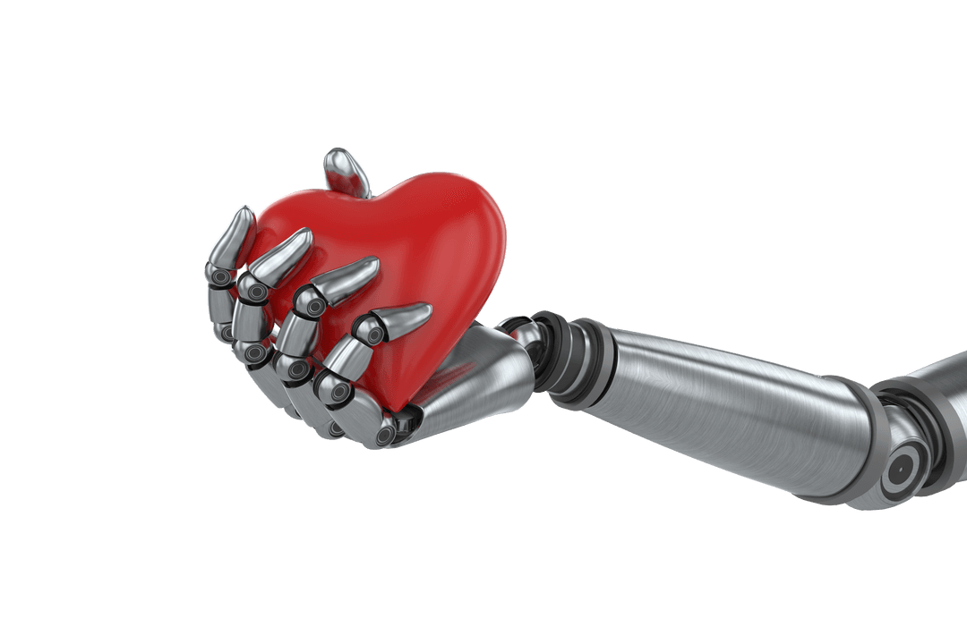 Robotic Hand Holding Transparent Heart Symbolizing Tech and Emotion