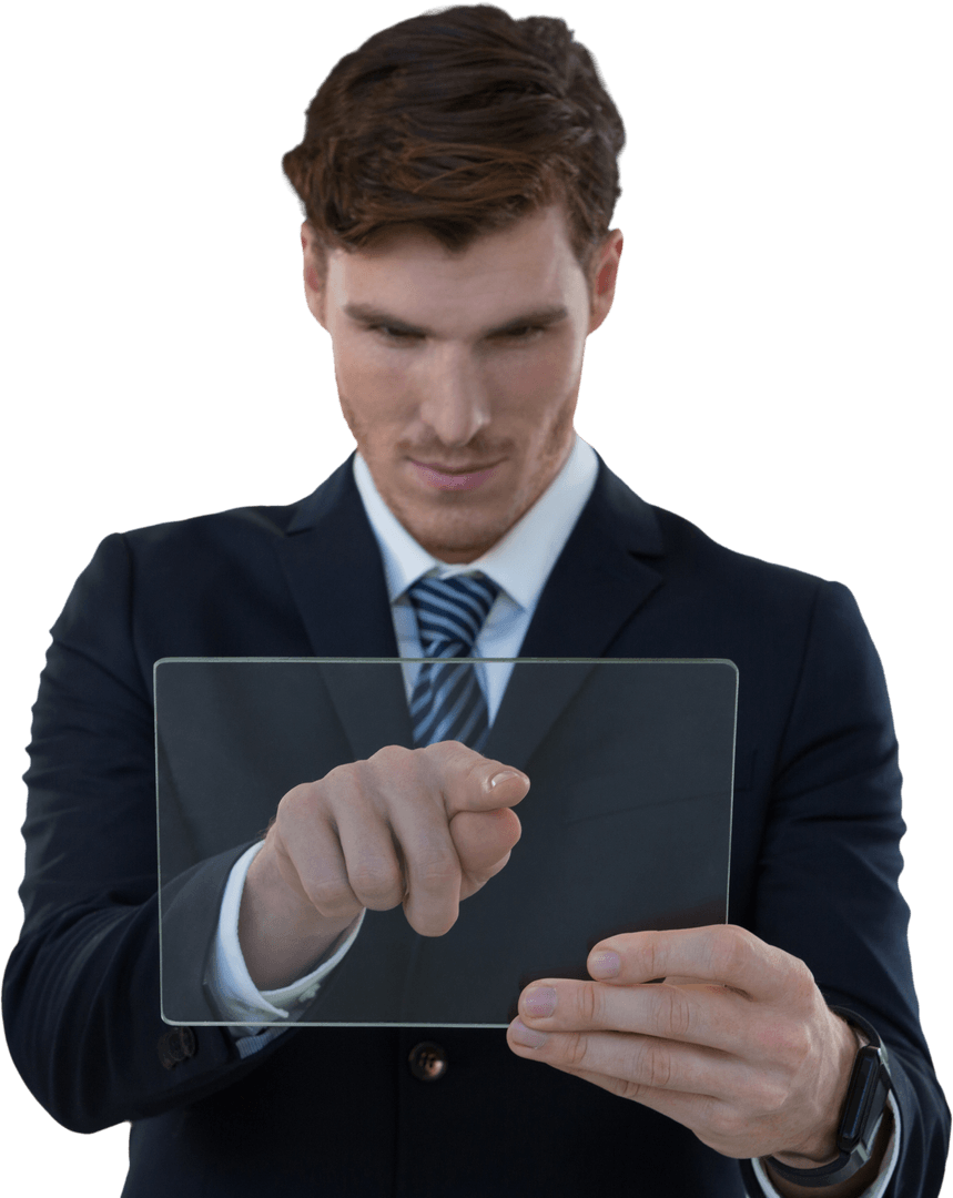 Businessman Utilizing Transparent Glass Tablet with Focus