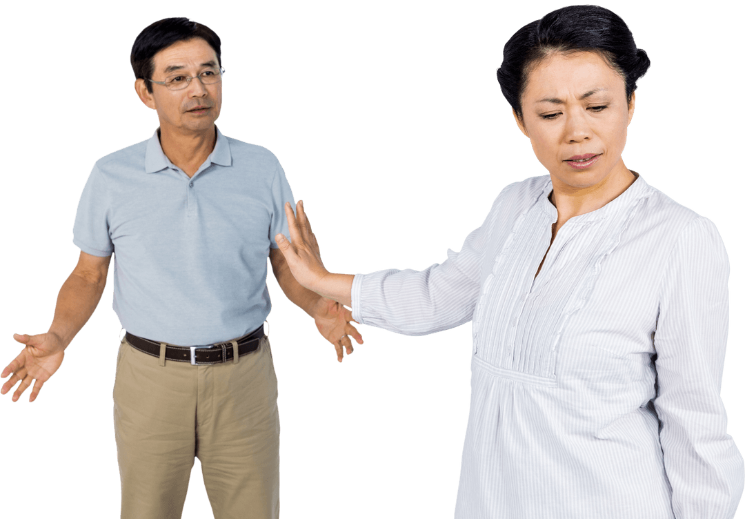 Transparent Senior Asian Couple Arguing with Emotional Expressions